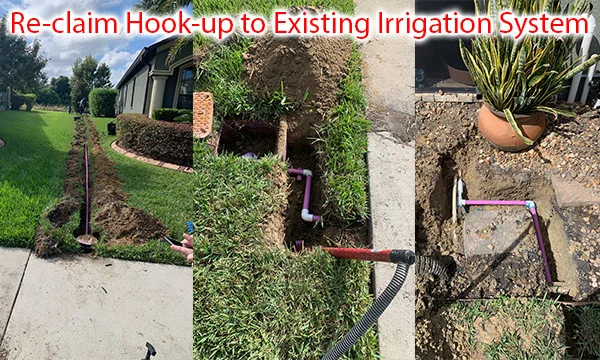 Before and after photos of a reclaim water hook-up to an existing irrigation system