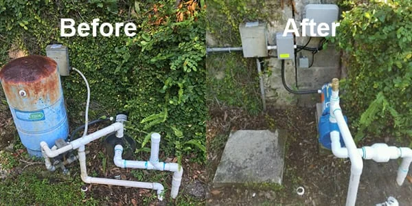 Before and after photos of an irrigation pump and well tank replacement