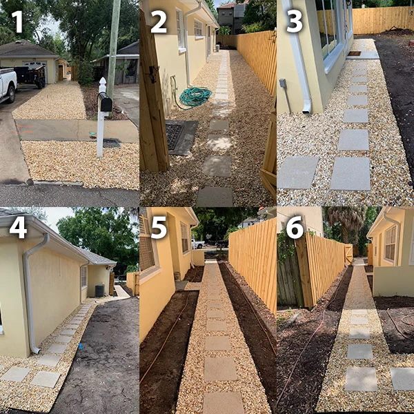 Six-photo collage of a side yard walkway project from start to finish