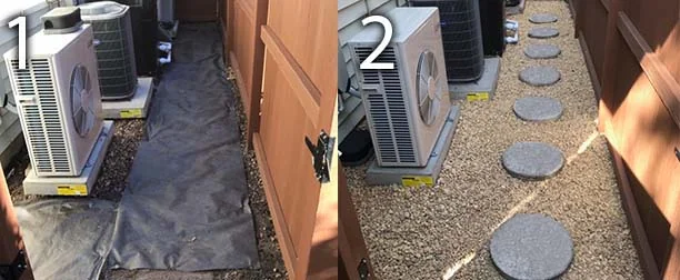 Side yard by air conditioners before and after: landscape fabric, then gravel with round stepping stones
