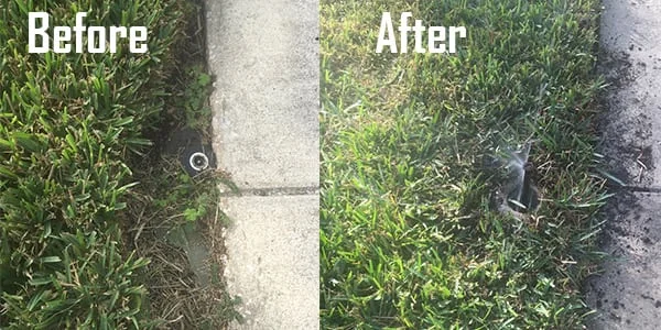 Before and after photos of a sprinkler head repaired beside a sidewalk